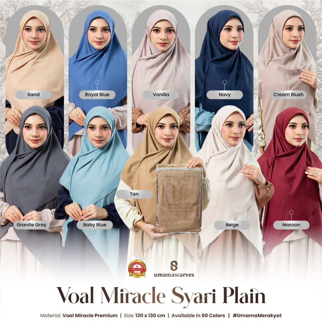 Jilbab Voal Miracle Syari Plain METALOGO LC Umama Scarf  130x130cm Hijab Syari Polos Terlaris JUMBO