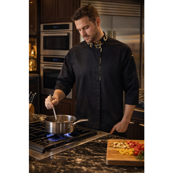 Chef Wear TRIESTE NET Baju Koki 3/4S Hitam Komb Batik