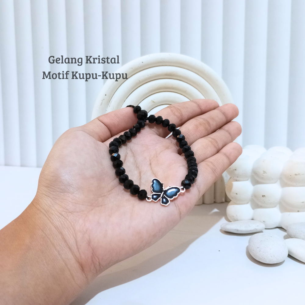 Gelang Kristal Motif Kupu-kupu Hitam Elegan | Gelang Wanita Serut Aesthetic