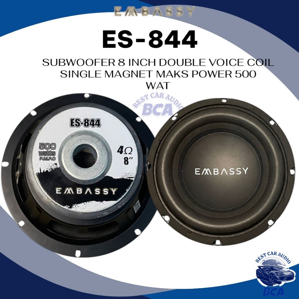 SUBWOOFER 8 INCH EMBASSY ES-844 DOUBLE VOICE COIL SINGLE MAGNET BESAR MAKS POWER 500 WAT