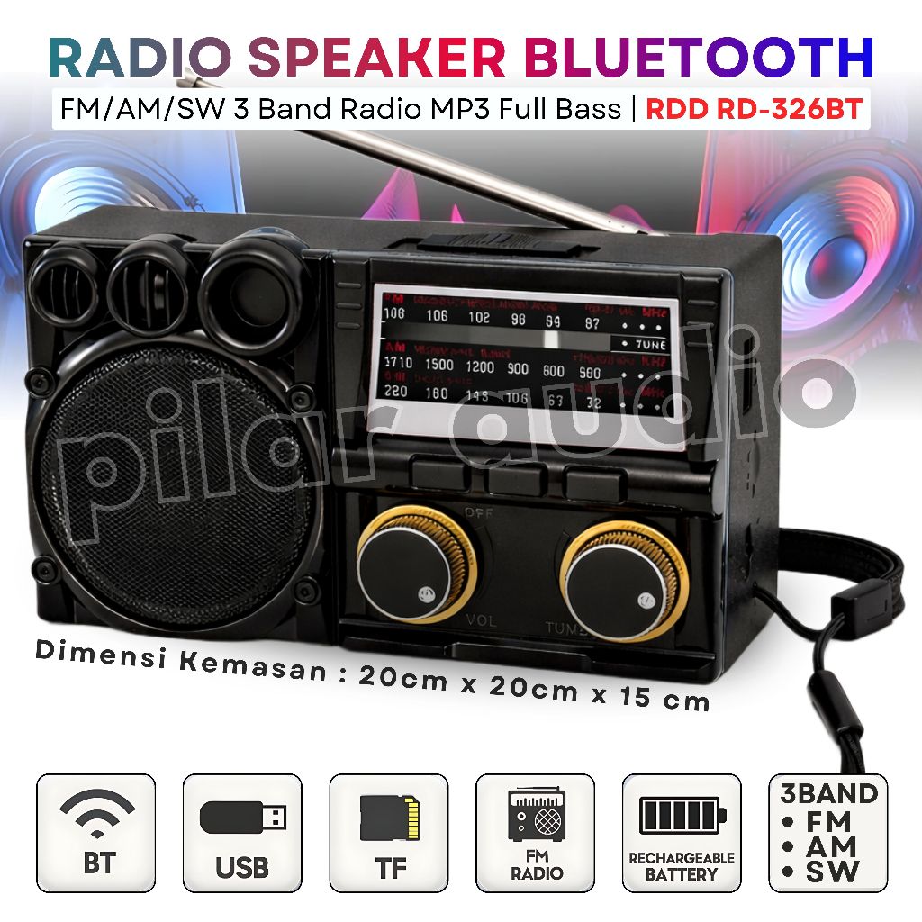 RDD RD-326BT Radio Multifungsi Bluetooth Speaker Portabel FM AM SW USB TF Card + Senter Emergency