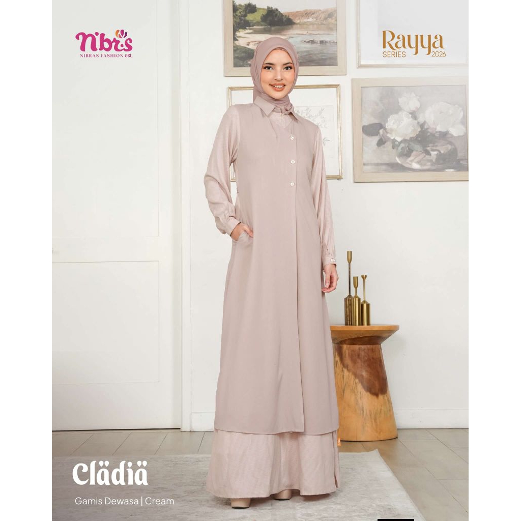 GAMIS CLADIA CREAM NIBRAS/GAMIS NIBRAS TERBARU 2026/SARIMBIT LEBARAN NIBRAS TERBARU