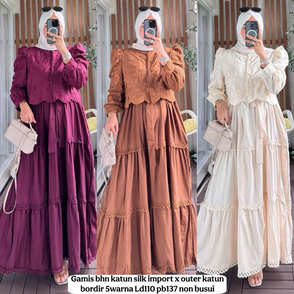 Gamis bahan katun silk import mix outer katun bordir