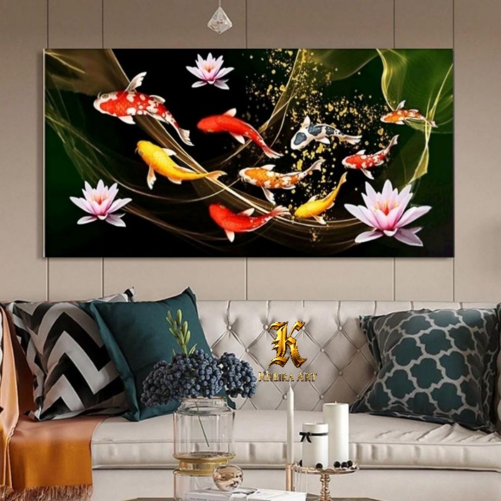 Lukisan Dinding Ikan Koi 9 Ekor Dan tiga Bunga Teratai || Kanvas Premium | Dekorasi Ruang Tamu Elega
