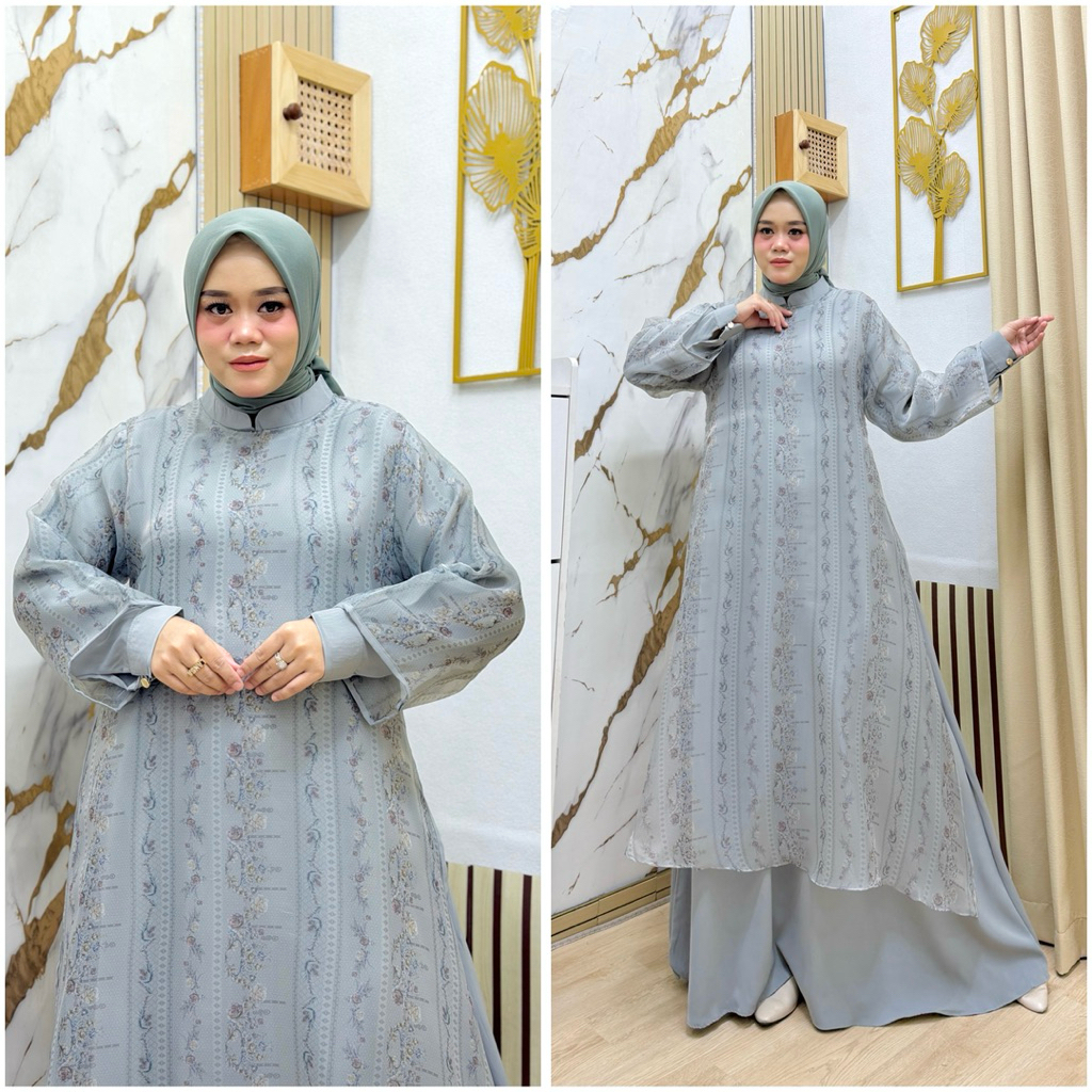 GAMIS TREND LEBARAN TERBARU ORGANZA PRINTING MOTIF SULTAN 01 KOMBINASI MARBELA ANTI UV PREMIUM