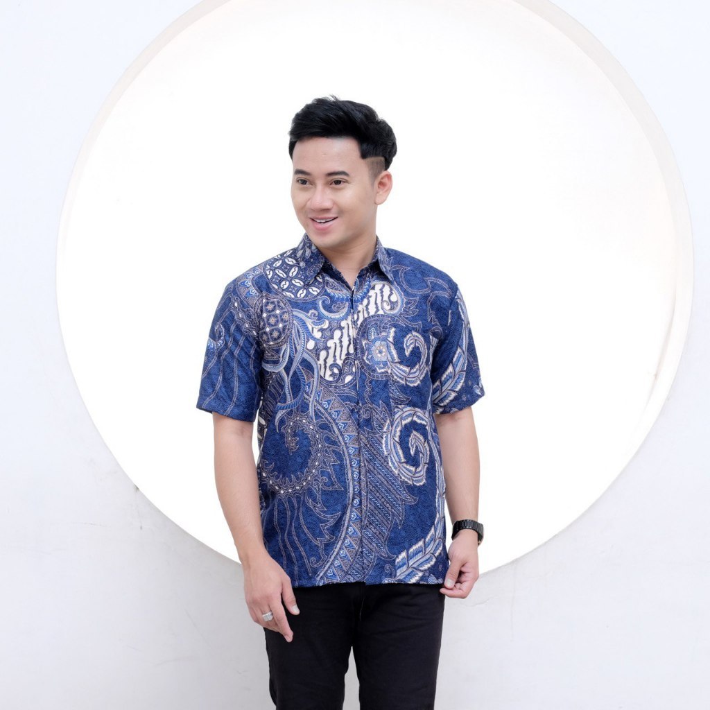 Kemeja Pendek Batik Pria Biru Politextile M L XL XXL