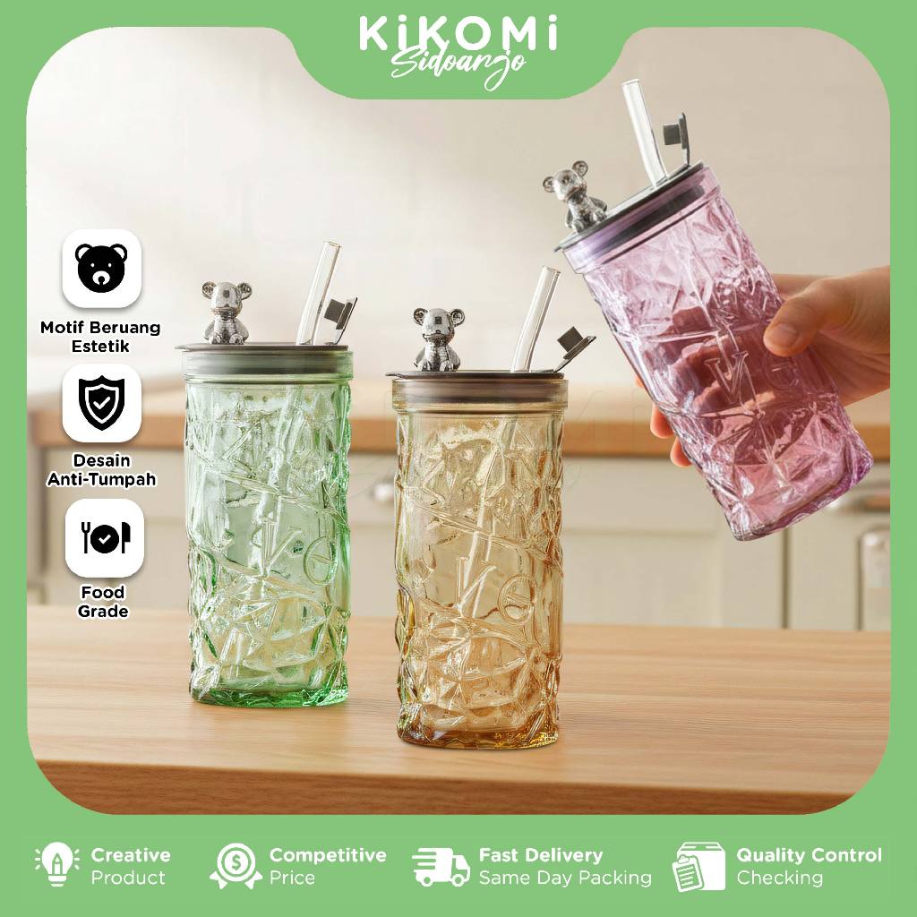 GELAS KACA BERUANG 420 ML Botol Air Minum Tumbler Motif Kristal Anti Tumpah Estetik Food Grade - KM
