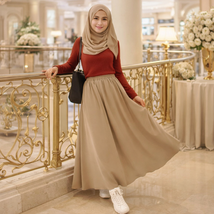 Rok Panjang Wanita WOLFIS Polos Premium Ada Saku Kantong Lebar Payung Flowy Jumbo Bahan Tebal Formal Kerja Kuliah Casual Muslimah by KaRINA