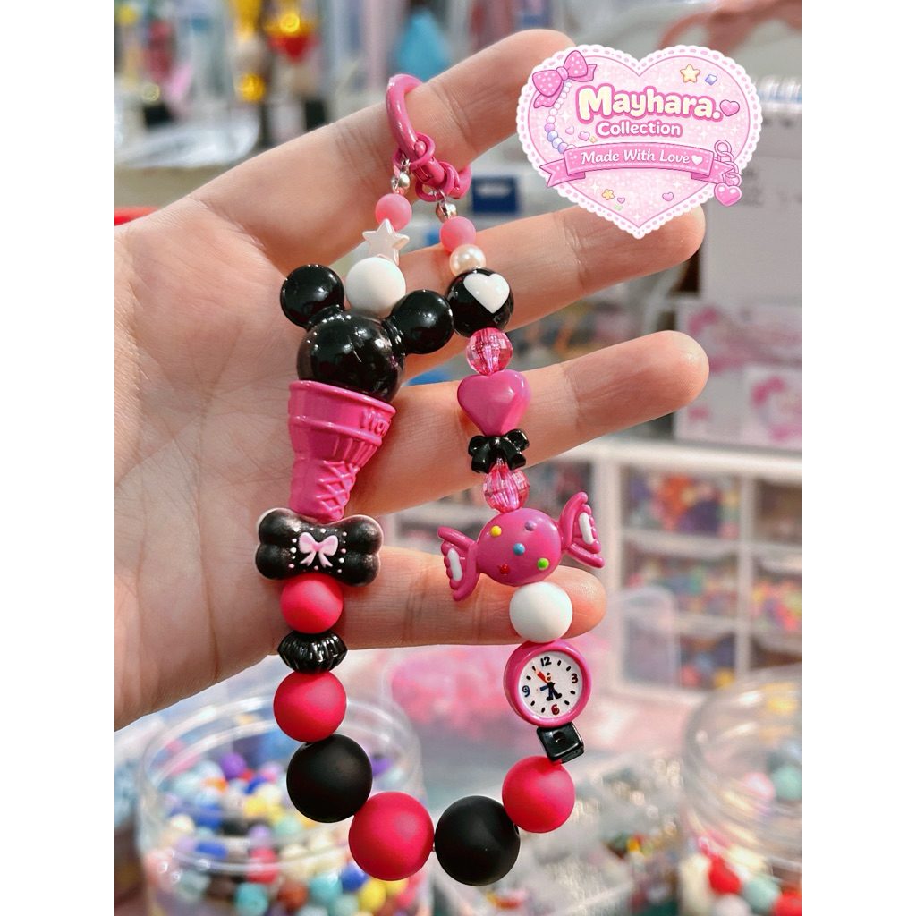 Gantungan kunci manik es krim Mickey black pink /Ganci black pink