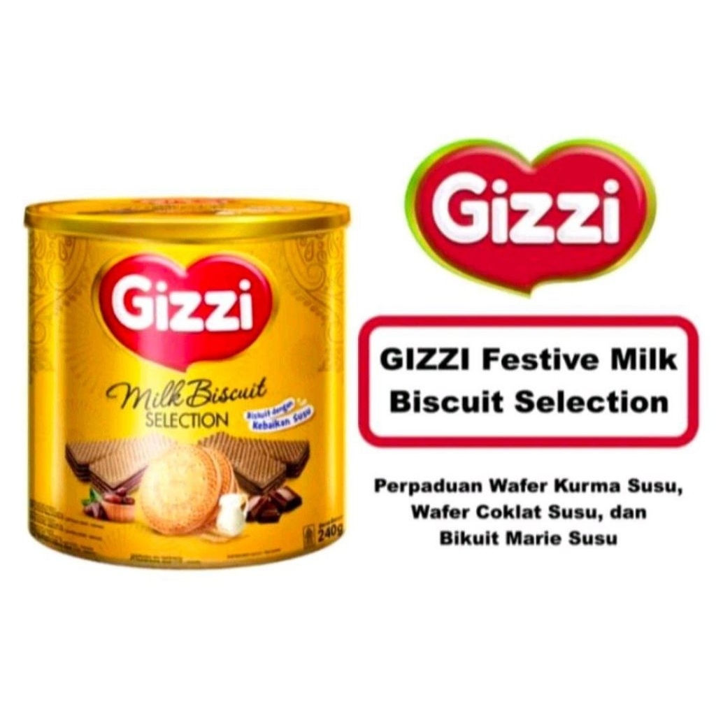 Biskuit gizzi 1 kaleng berisi wafer kurma susu, wafer coklat susu, dan biskuit marie susu