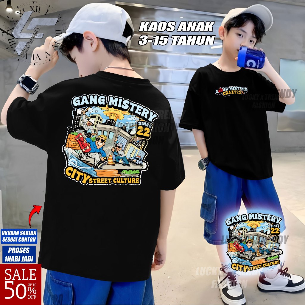 Kaos ANAK Distro Gang Mistery Cowok Cewek Baju Kaos Pria Biru Benhur Viral Kaos Baju Distro Pria Ter