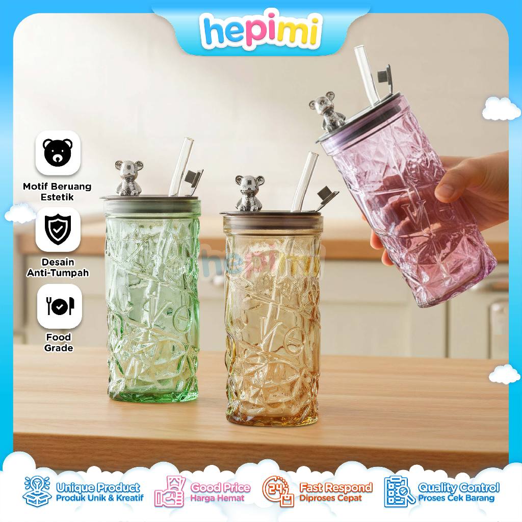 GELAS KACA BERUANG 420 ML Botol Air Minum Tumbler Motif Kristal Anti Tumpah Estetik Food Grade - HM