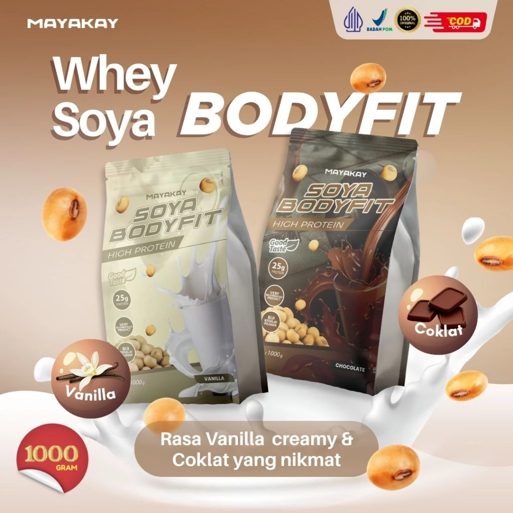 Soya Bodyfit Whey Protein 1000gr – Rasa Vanilla & Chocolate | Susu Tinggi Protein untuk Diet & Gym