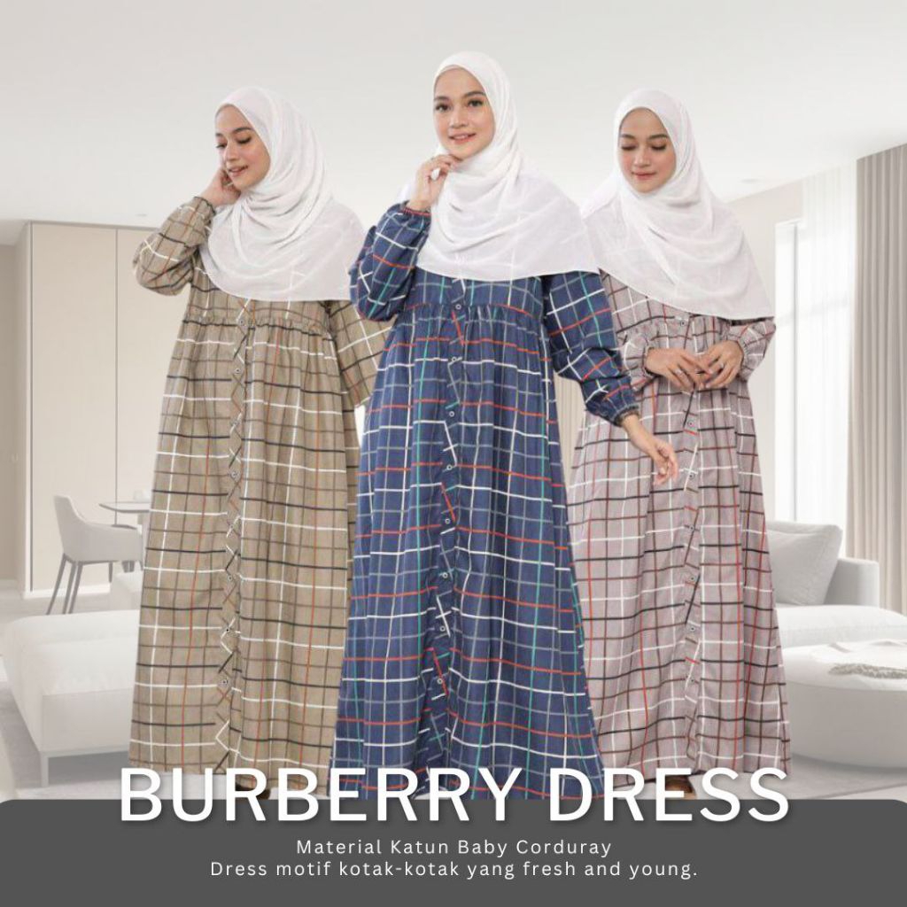 Burberry Dress Gamis Katun Baby Corduroy Premium / Dress Motif Kotak Casual Hijab Friendly