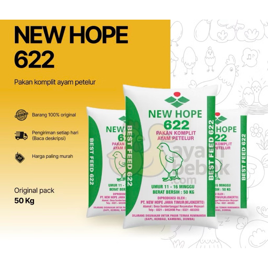 NEW HOPE 622 – Pakan Komplit Ayam Petelur Fase Grower / Pra Produksi (Usia 11– 6 Minggu ) Best Feed 