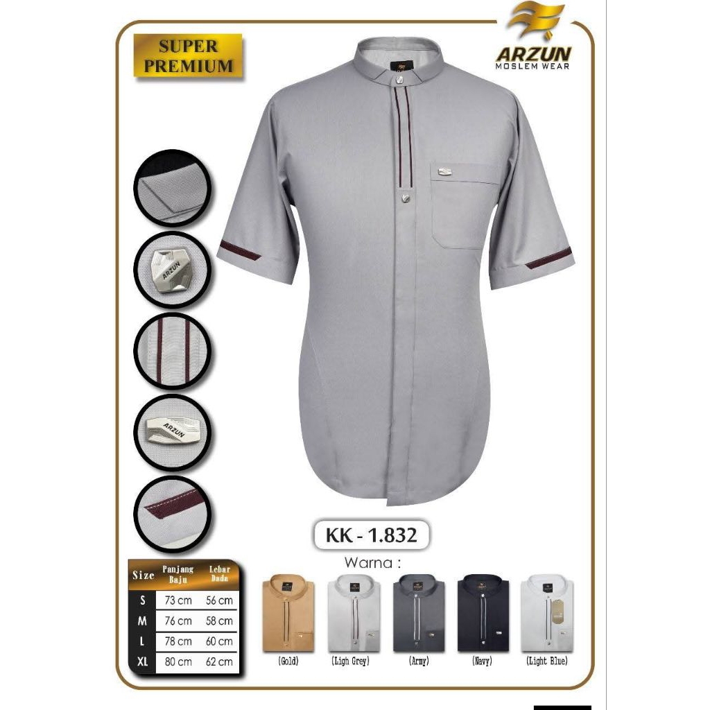 Baju Kemeja Koko ARZUN Premium Warna lengan pendek kode 1832 Motif Terbaru / BAJU KOKO KEMEJA PRIA M