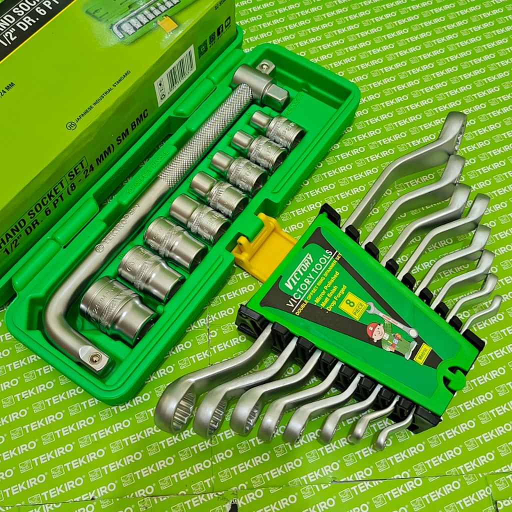 Paket Kunci Shock Sok Set 10 Pcs Merek Tekiro 1/2DR 8-24mm 6pt + Kunci Ring Set 8pcs 6-22mm Victory