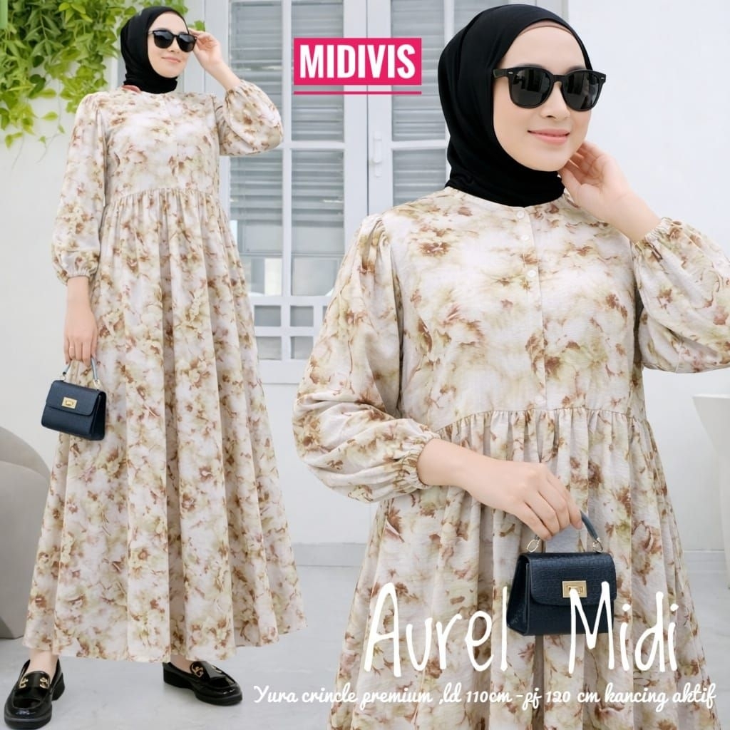 AUREL MIDI DRESS YURA CRINKLE PREMIUM KANCING DEPAN AKTIF BUSUI BY LEMORA