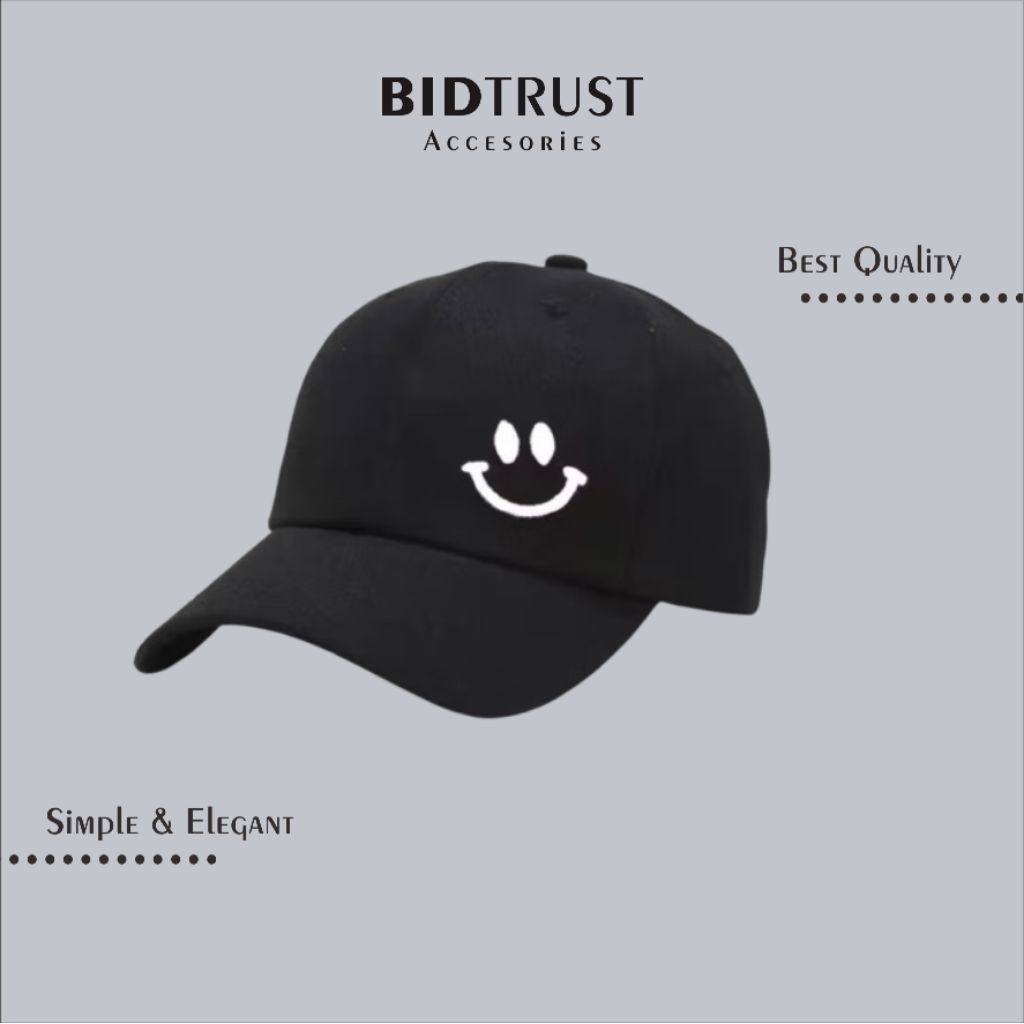 TOPI MODEL BORDIR SMILE HITAM PUTIH • Simple Elegan Asli Original Premium Anti Tidak Karat Luntur Mo