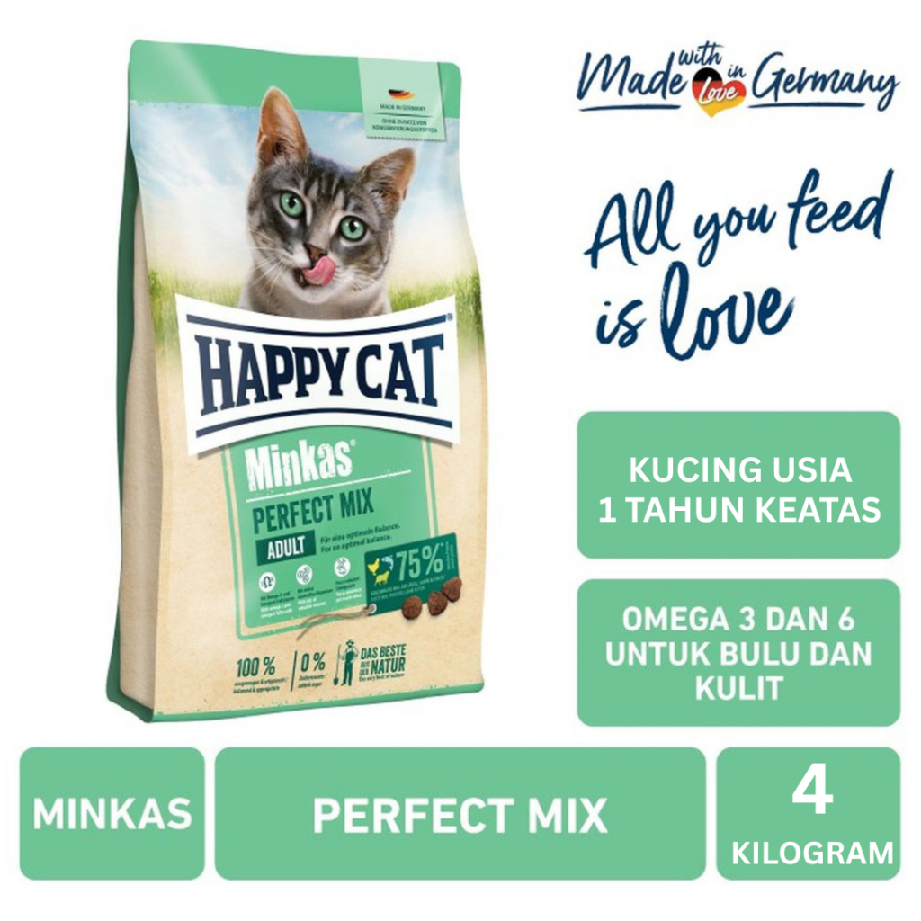 Happy Cat Minkas Perfect Mix |  Makanan Kucing dengan Nutrisi Lengkap untuk Kucing Dewasa (4 Kg)