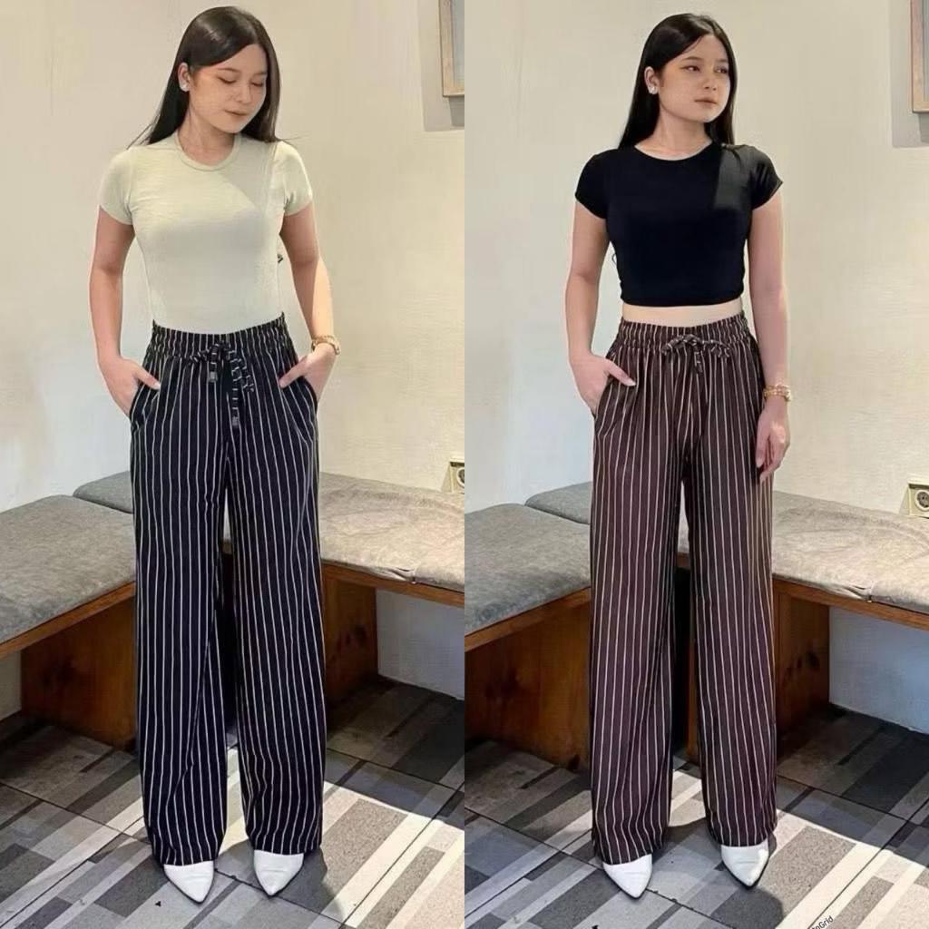 Celana Panjang Wanita / Bawahan Wanita Kulot Salur / Celana High Waist Tali Pinggang Serut Stripe