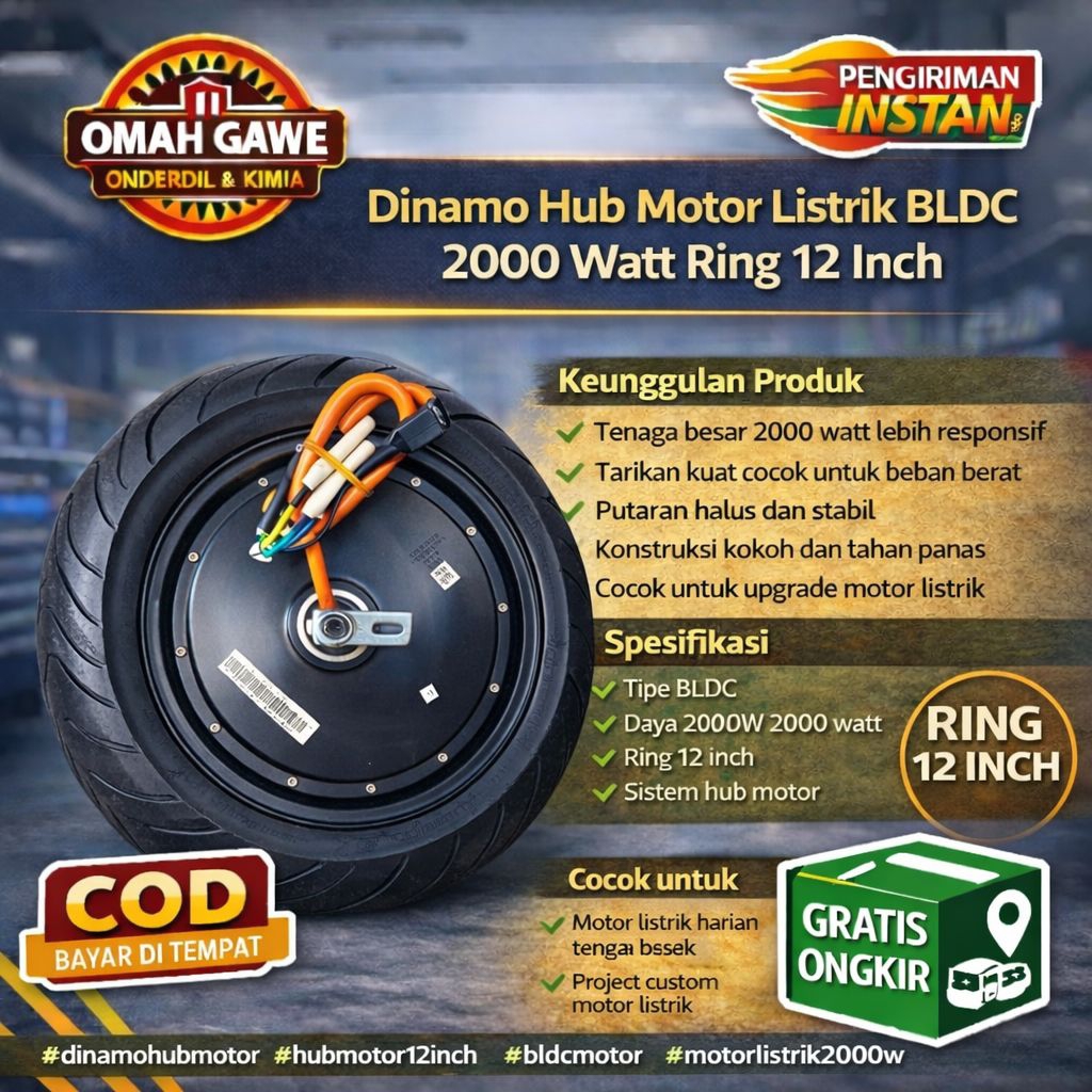 Dinamo Hub Motor Listrik BLDC 2000W 2000 Watt Ring 12 Inch​