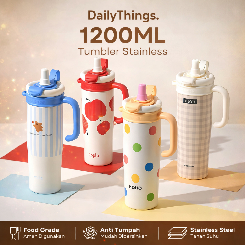 DailyThings Tumbler 1200ml Stainless Steel SUS316 Jumbo Botol Minum Anak Dewasa Anti Bocor dengan In