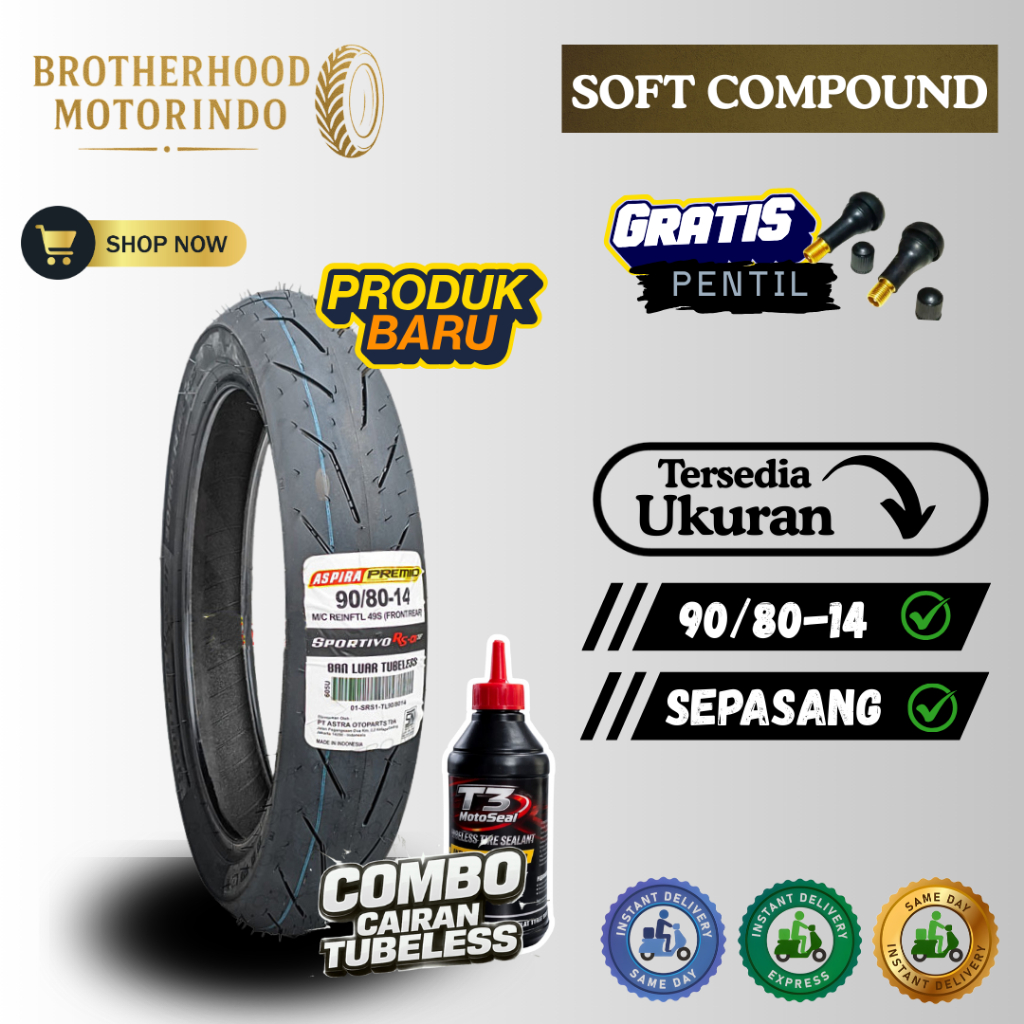 (PAKET SEPASANG) BAN ASPIRA PREMIO RS01 (90/80-14 / 90/80-14) / BAN TUBBELES RING 14 / BAN BALAP RIN