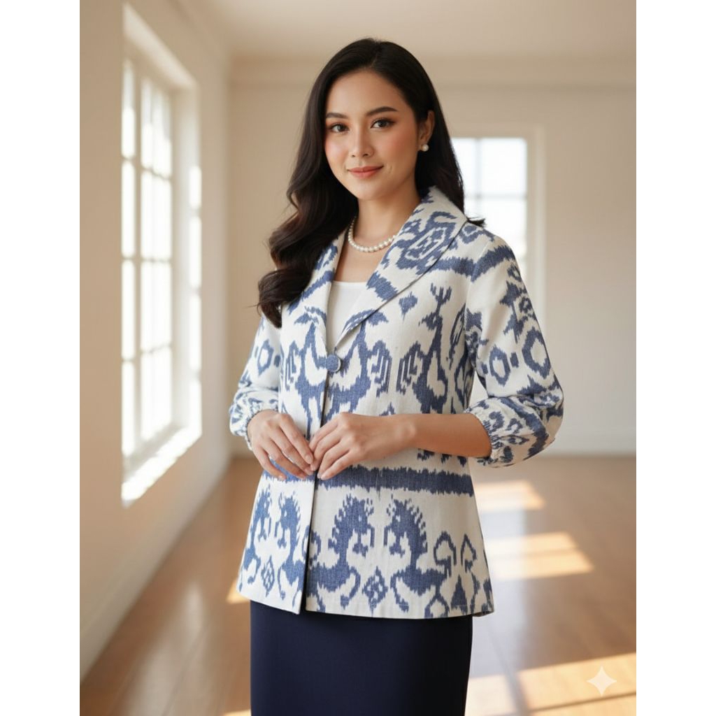 TENUN_GAYA Blazer Batik Wanita Modern Blazer tenun motif Sumba baju tenun wanita atasan wanita blaze