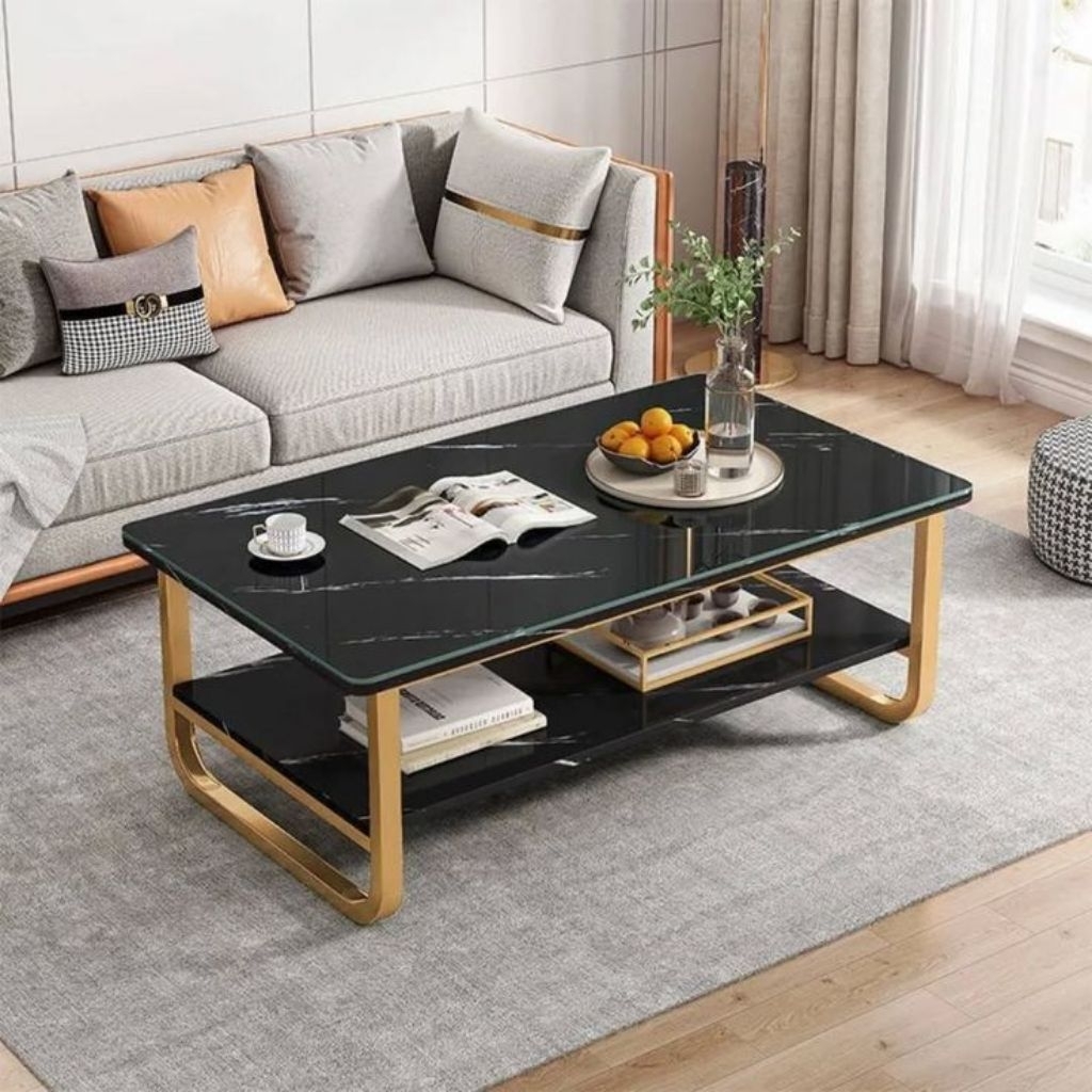 MEJA KOPI / MEJA TAMU TOP MARMER HITAM NERO MARQUINA KAKI BESI
