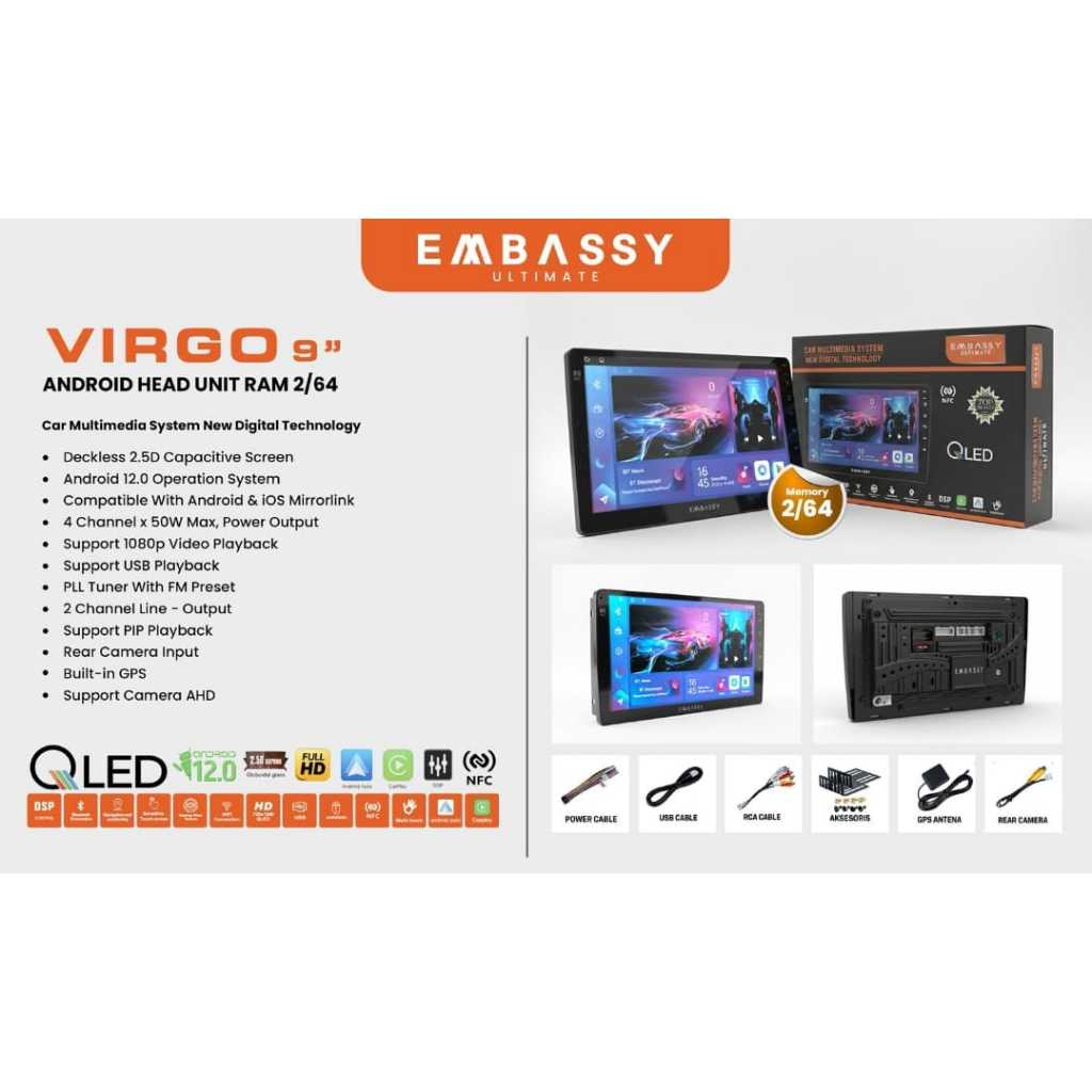 Head Unit Android Embassy Ultimate Virgo 9 inch 2/64