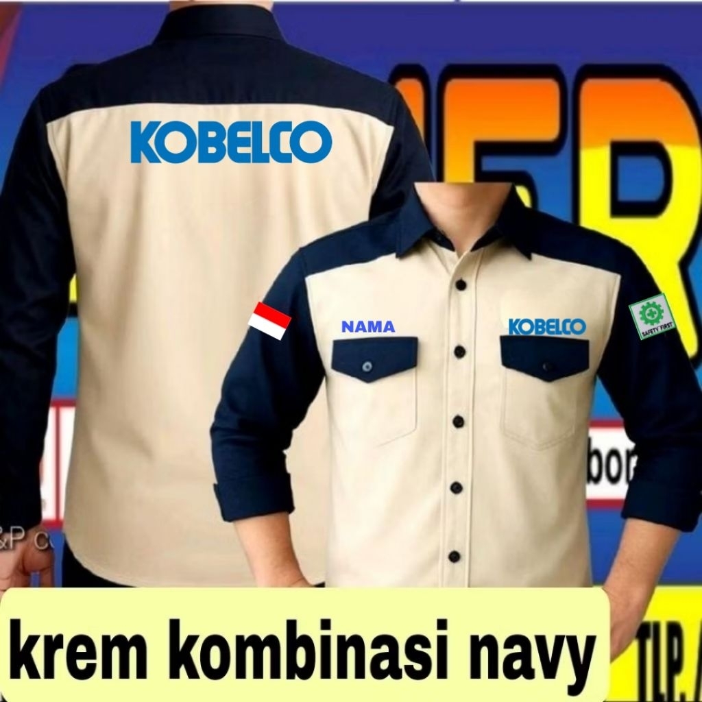ready stok krem kombinasi navy Kemeja Kobelco baju Kobelco seragam Kobelco kemeja kerja Kobelco baju