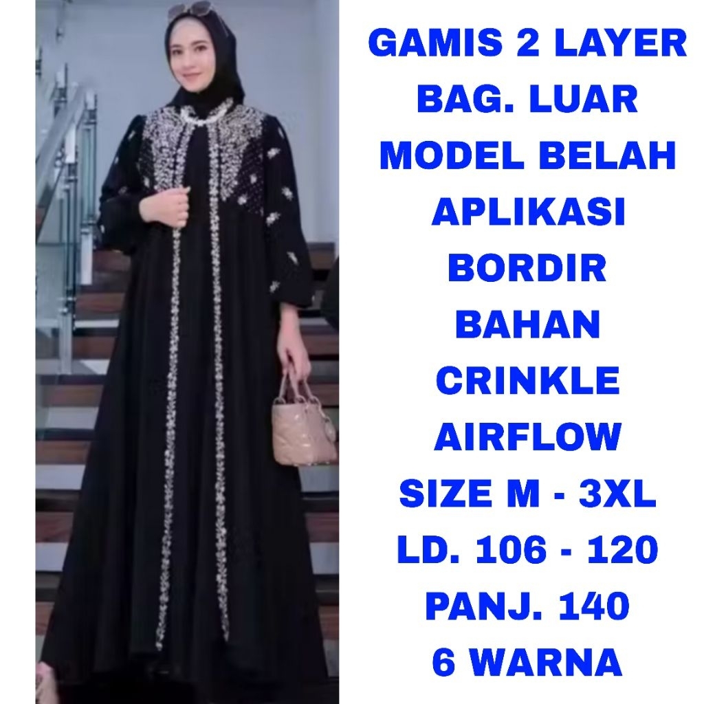 WK GAMIS BORDIR MODEL BELAH ABAYA WANITA STANDAR BIG SIZE JUMBO LD. 105 LD. 110 LD. 115 LD. 120  DRE