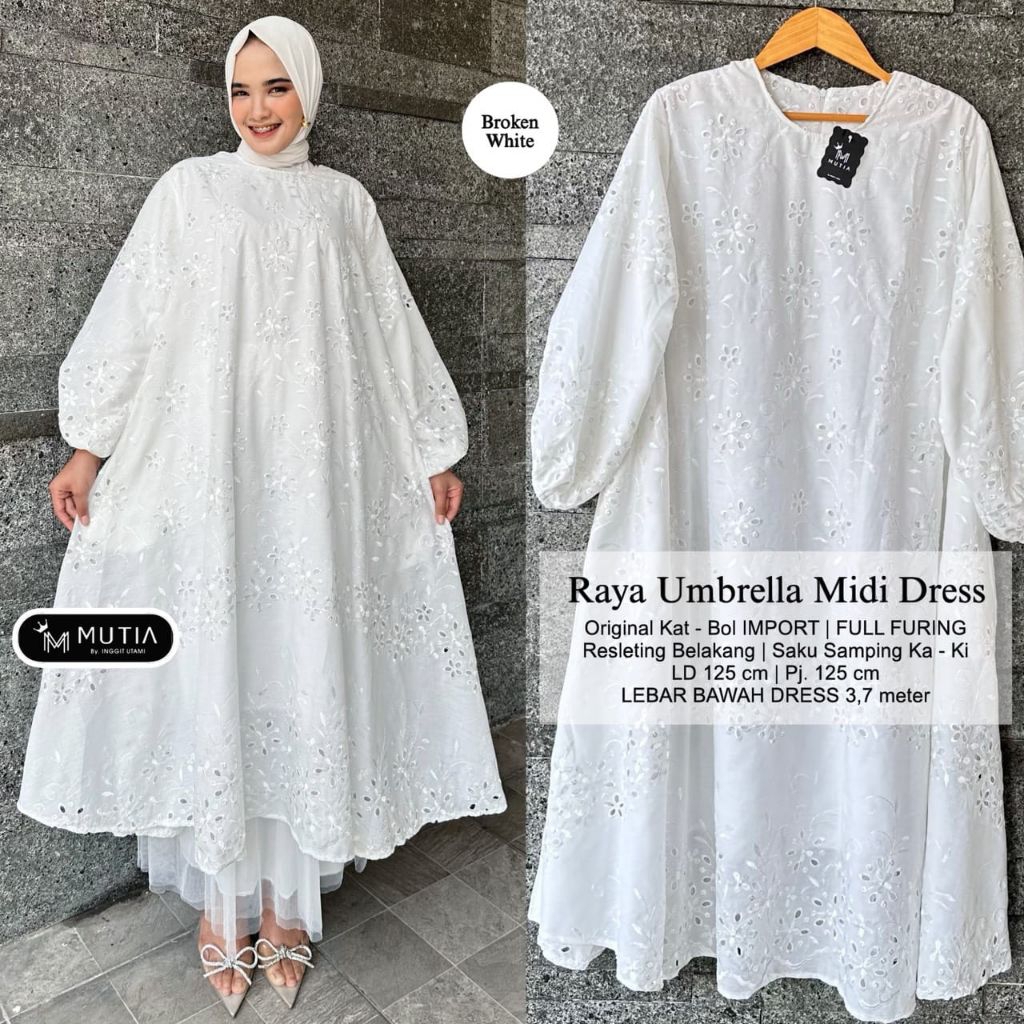 Raya Maxy #2 Raya Umbrella Midi dress ori by Mutia gamis wanita warna putih size jumbo cantik murah 