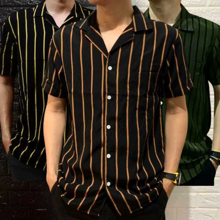 HEM Salur Strip | Kemeja Salur Pria Lengan Pendek Nyaman Di Pakai