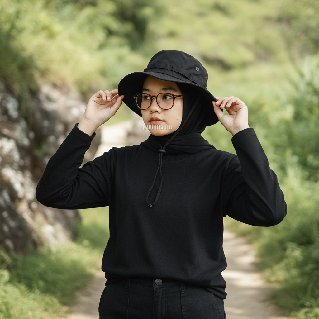 Topi Gunung Hitam Mountchild Ripstop Premium 2 Layer – Topi Rimba Outdoor Hiking Camping 58-60cm Adj