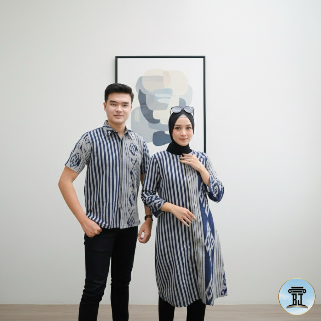 Ready Stok Set Baju Couple Tenun Blanket Lurik Navy Kekinian