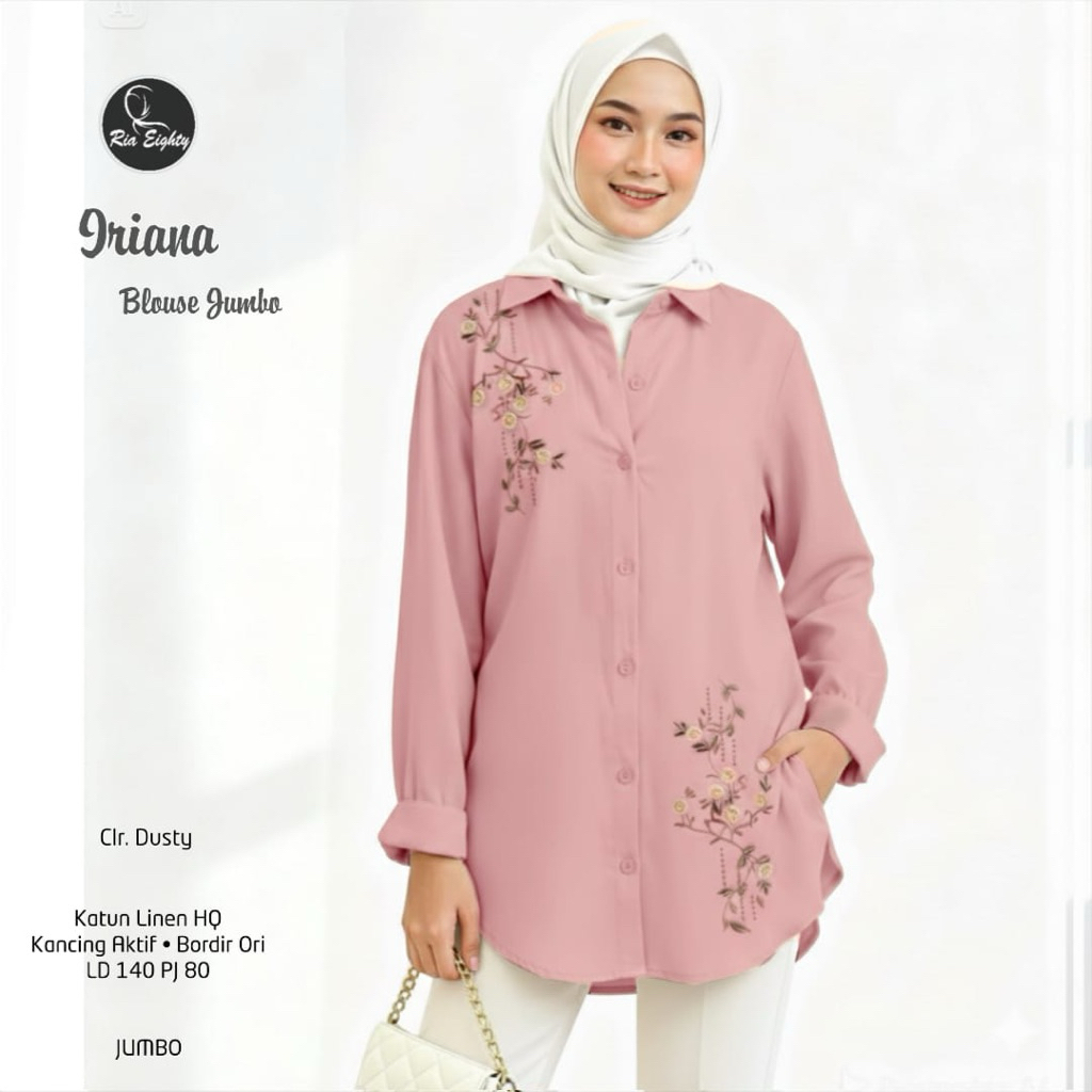 pink Iriana Kemeja SUPER JUMBO LD 140 Blouse oversize bordir cantik / riaeighty
