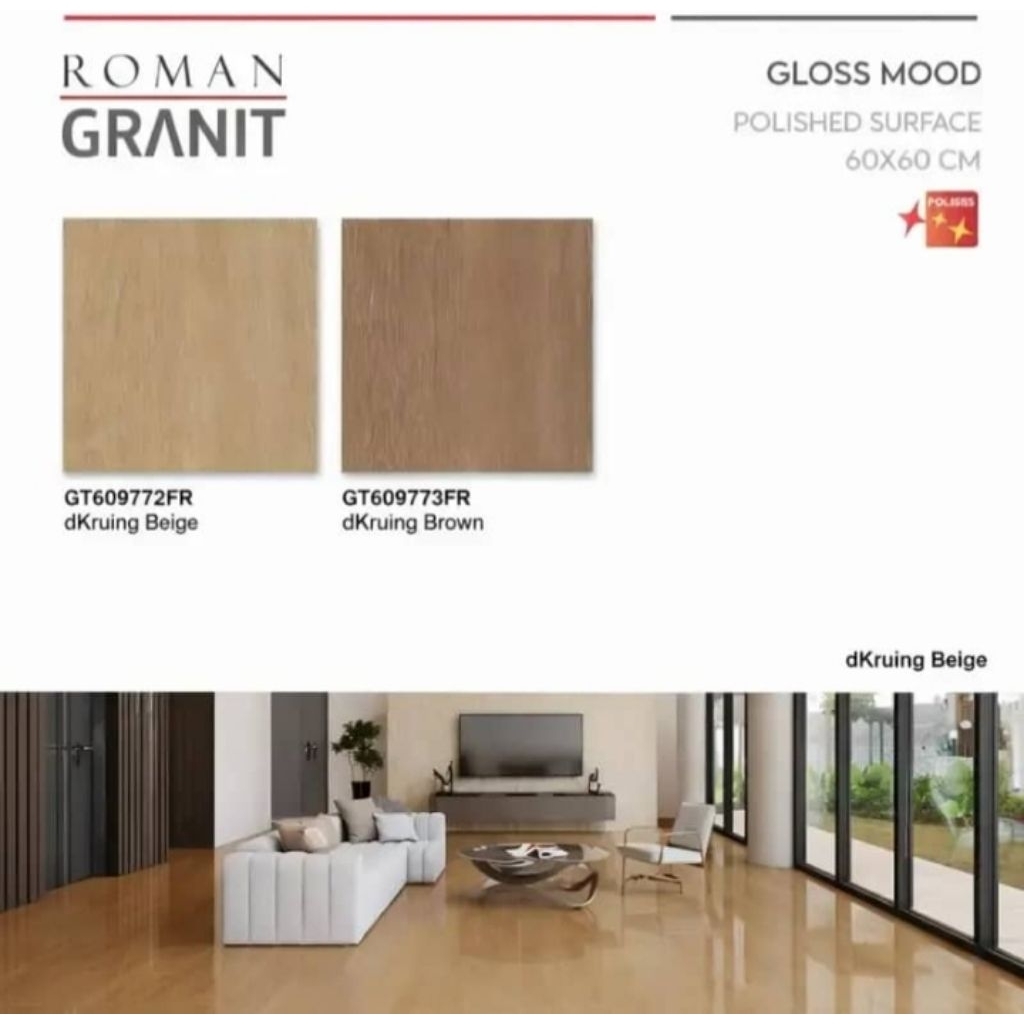 Granit Merk Roman Tipe dKruing Beige dan Brown Ukuran 60x60 Permukaan Tekstur Glossy Untuk Lantai at