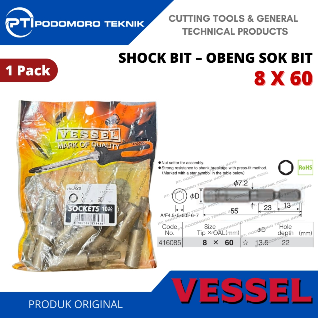 Socket Bit Mata Obeng A20 8X60 / Sock Bit Vessel A20 / Soket Bit Vessel Japan Original 1 Pack