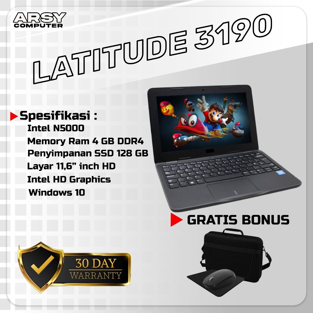 Laptop Dell Latitude 3190/ Intel N5000/ Ram 4 GB/ Penyimpanan SSD 128 GB/Layar 11,6" inch HD/ Window
