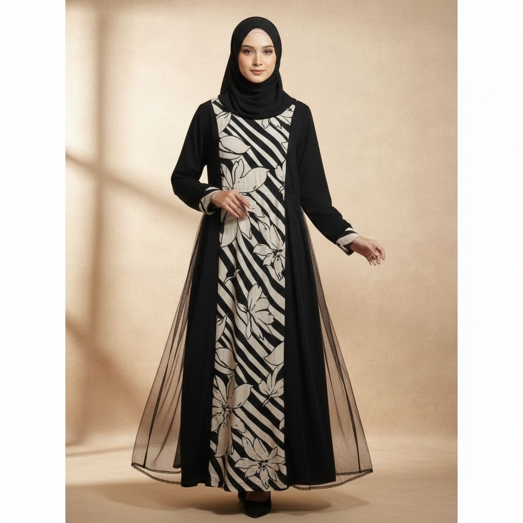 Gamis Hitam Kombinasi Motif Coksu dan Tile preloved