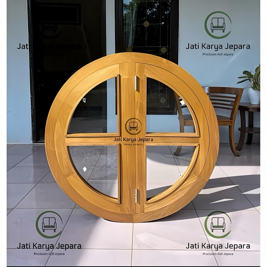 Kusen Jendela Bundar 60cm 12x6cm Natural Minimalis Kayu Jati Solid untuk Desain Rumah Modern