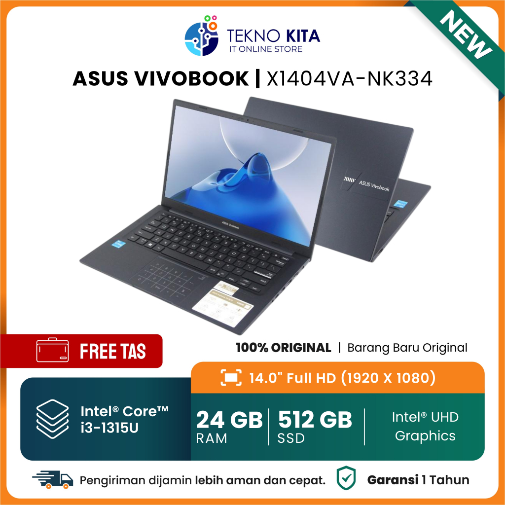 Laptop 7 Jutaan Asus Core I3-1315U | RAM 24GB | 512GB SSD | Asus Numpad | 14" Full HD | Free Install