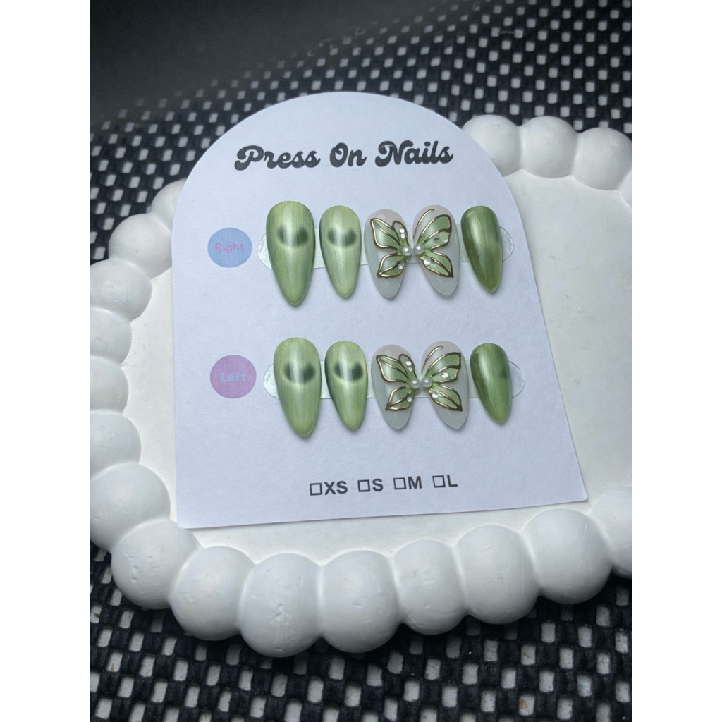 Press on nail kupu kupu cat eye hijau elegan/ Kuku palsu premium Nail art wedding free lem