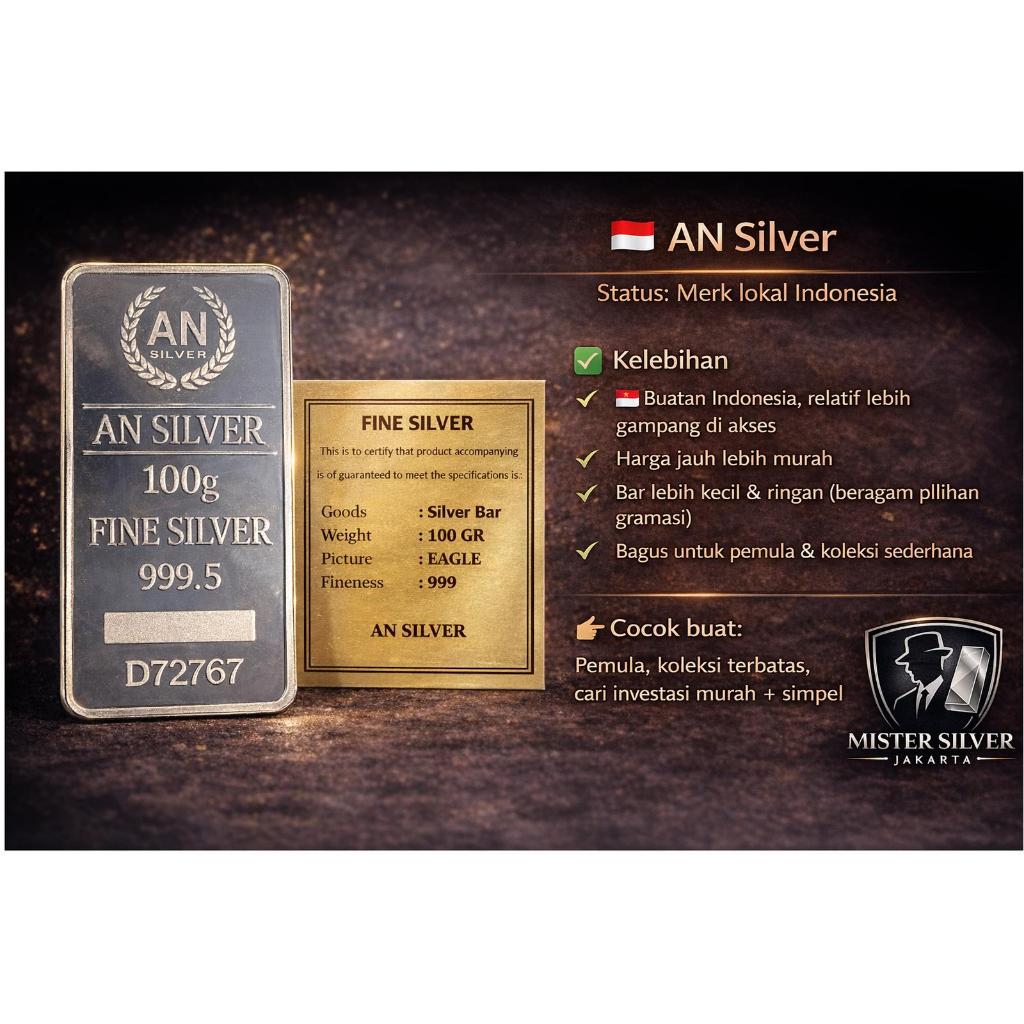 AN Silver Produk Indonesia Perak 100gr Batangan