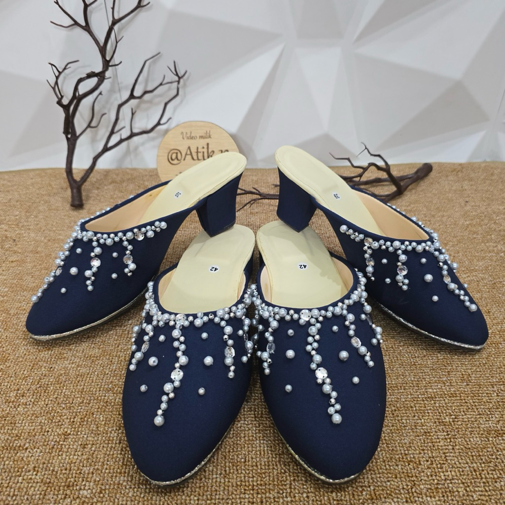 (harga satuan) selop pengantin pesta manten jawa biru navy payet mutiara salur