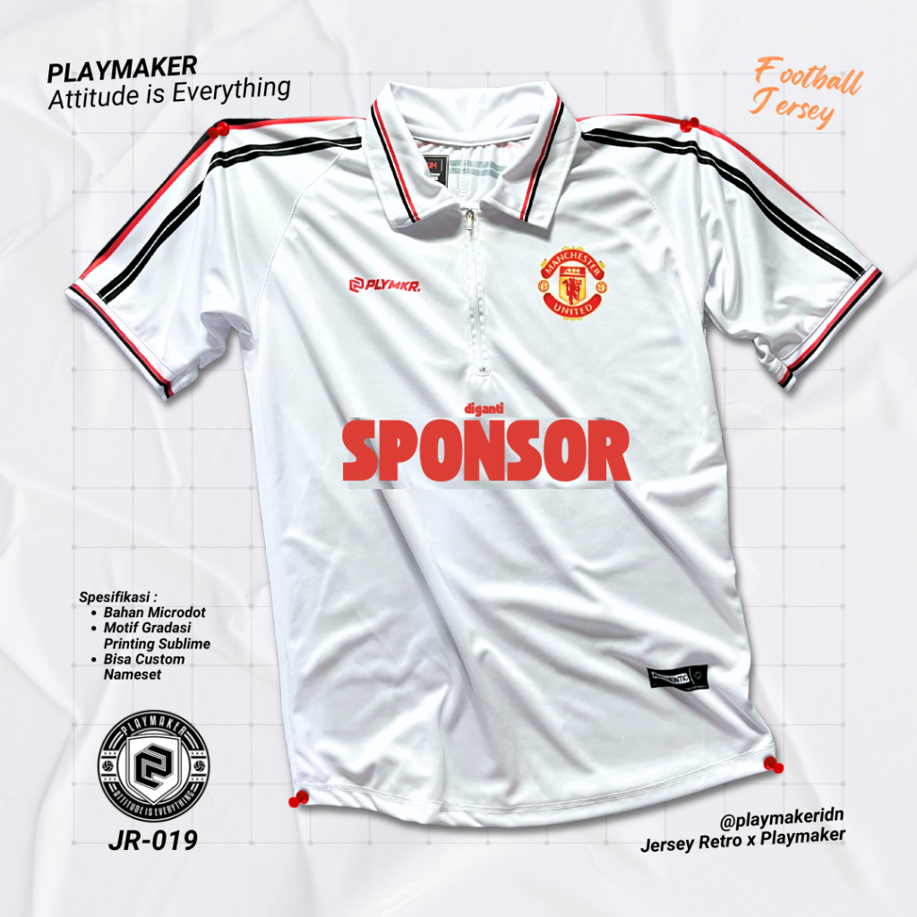 Jersey MU Liga Inggris by PLAYMAKER JR-019 Premium Bahan Microdot – Retro Putih