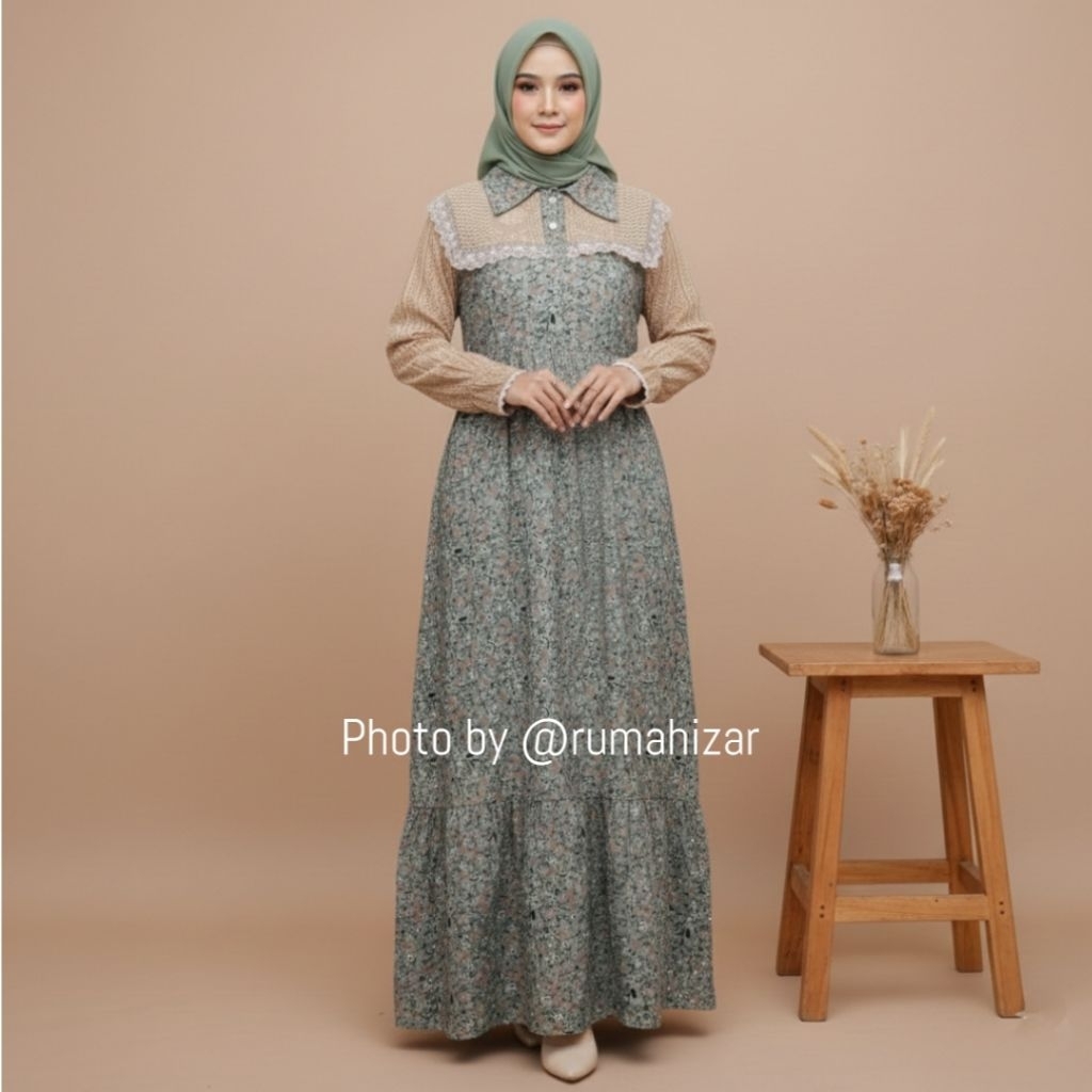 Gamis ZAYDA Dress Baju Busui Hijau  Bahan Syakila  Brokat dan Lace Premium Fashion Muslim Wanita