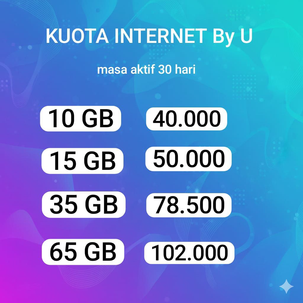 ISI ULANG paket Kuota By U 30 hari / Paket Data byU bulanan / Internet byu 1Gb 3Gb 6Gb 7Gb 9Gb 12Gb 
